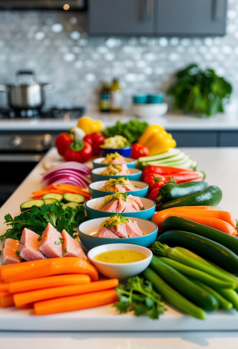 A colorful array of fresh tuna, vibrant vegetables, and zesty dressing arranged on a clean, modern kitchen counter