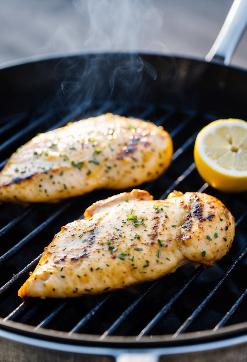 Two zesty lemon pepper chicken breasts on a sizzling grill