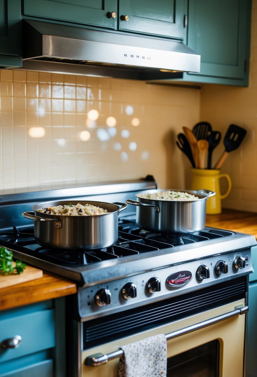 A vintage kitchen with a retro stove and pots, simmering creamy mushroom risotto