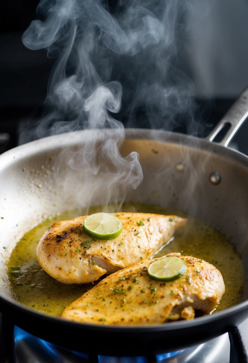 A sizzling lime chicken breast cooks in a hot pan, emitting steam and a tantalizing aroma