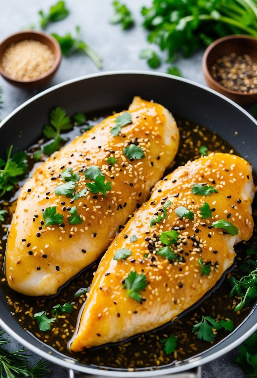 Two chicken breasts marinating in a savory sesame sauce, surrounded by fresh herbs and spices