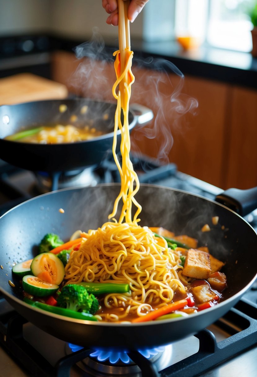 A steaming bowl of stir-fried ramen with colorful vegetables and savory sauce in a wok on a gas stove