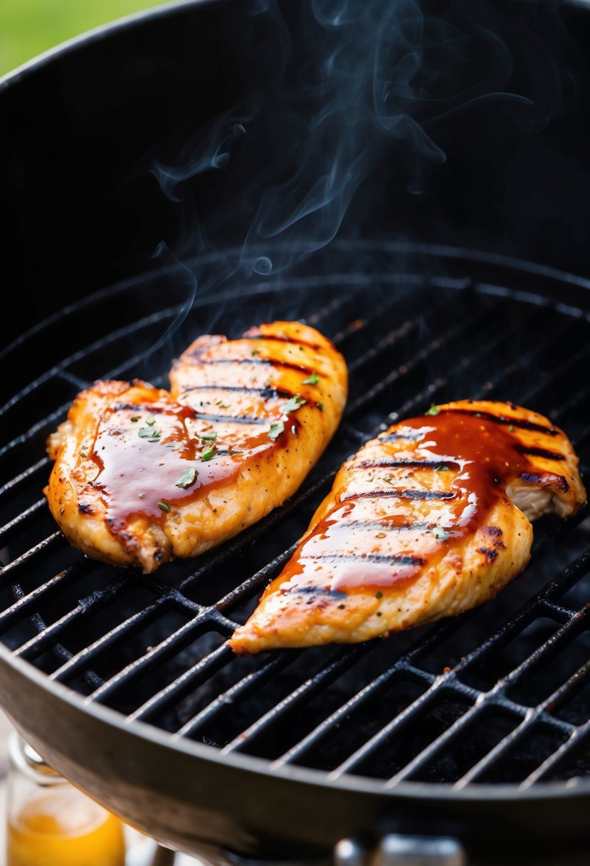 Two juicy chicken breasts sizzling on a smoking hot grill with charred grill marks and a glaze of barbecue sauce