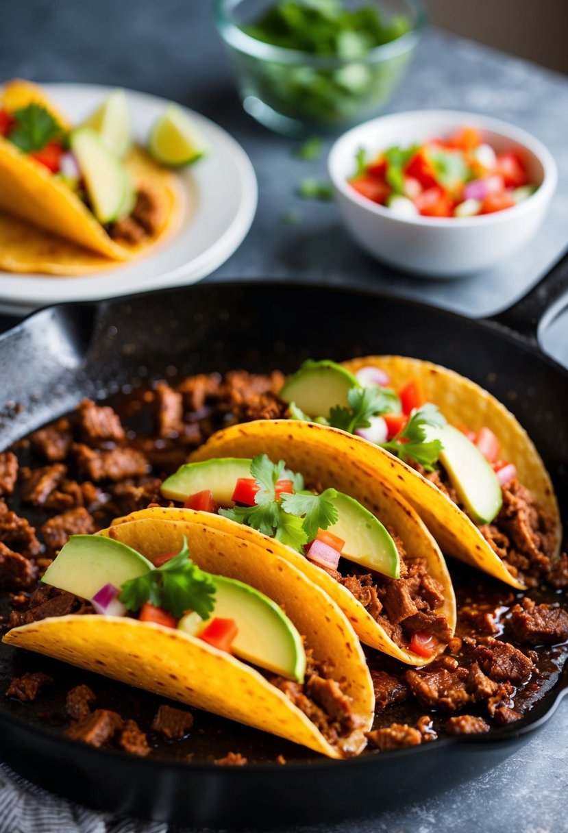 A sizzling skillet of spicy beef tacos with colorful toppings