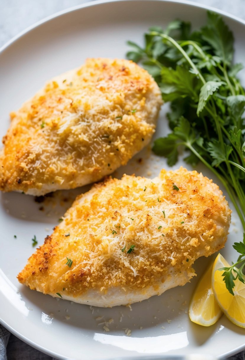 Two golden-brown Parmesan crusted chicken breasts on a white plate with a side of fresh herbs and lemon wedges