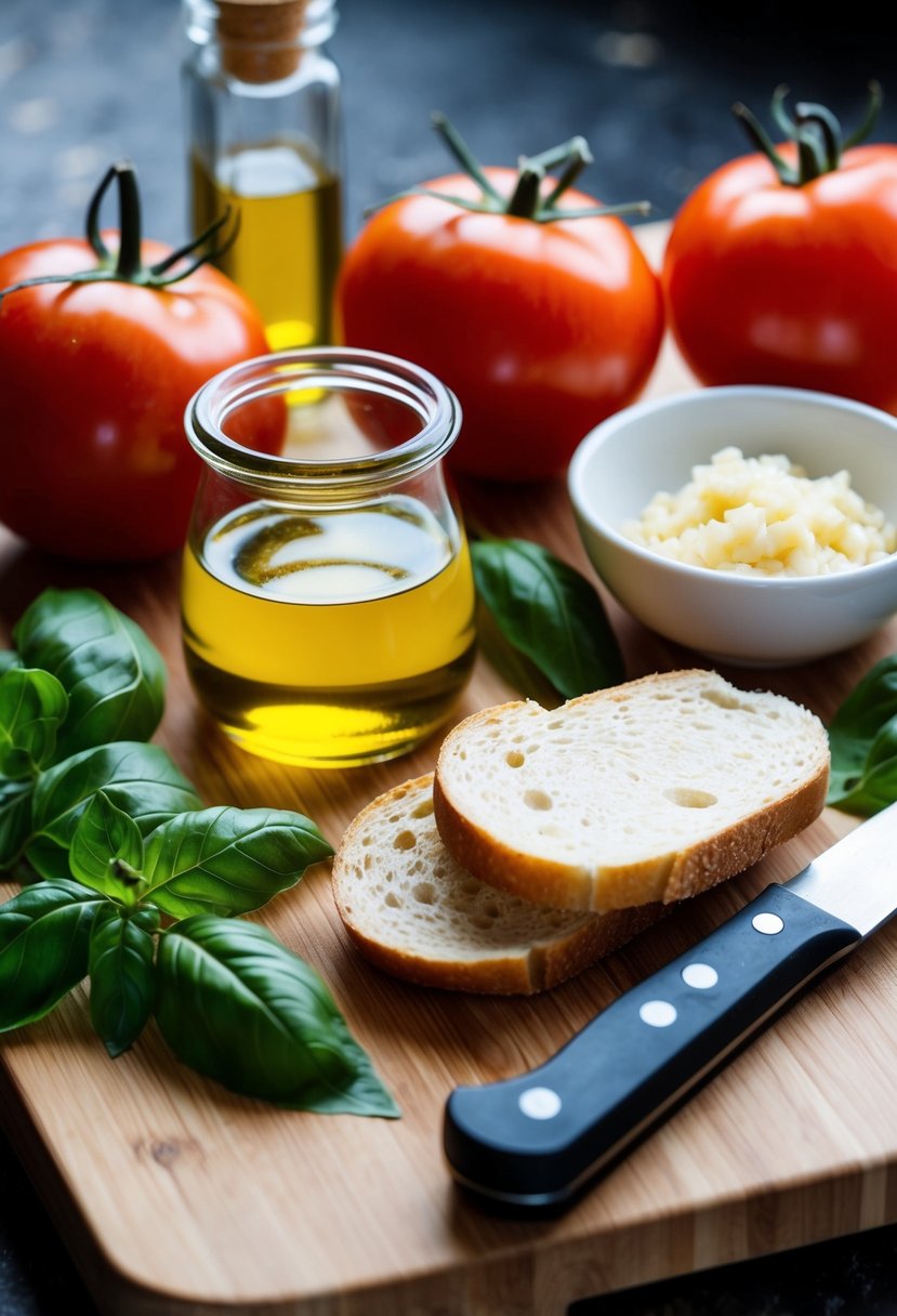 Fresh tomatoes, basil leaves, and sliced bread on a wooden cutting board. A jar of olive oil and a bowl of minced garlic next to a knife