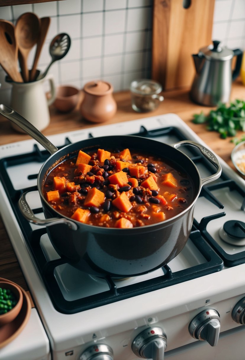 A bubbling pot of sweet potato and black bean chili simmers on a vintage stove, surrounded by retro kitchen utensils and ingredients