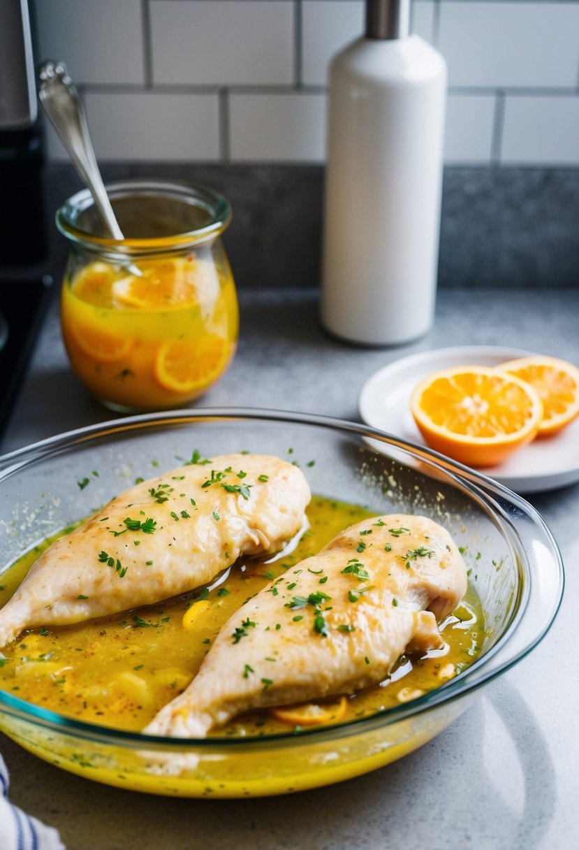 Two chicken breasts marinating in tangy citrus marinade in a glass dish on a kitchen counter