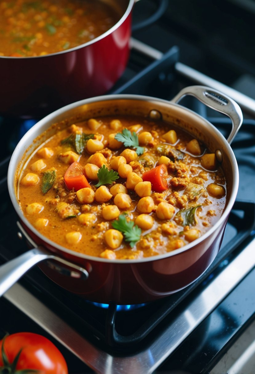 A bubbling pot of curry with chickpeas, tomatoes, and spices on a stove