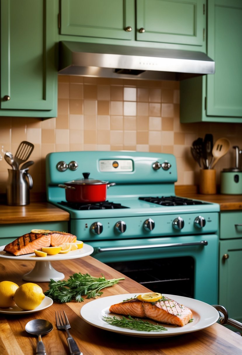 A vintage kitchen with a 1950s stove, a platter of grilled lemon herb salmon, and retro kitchen utensils