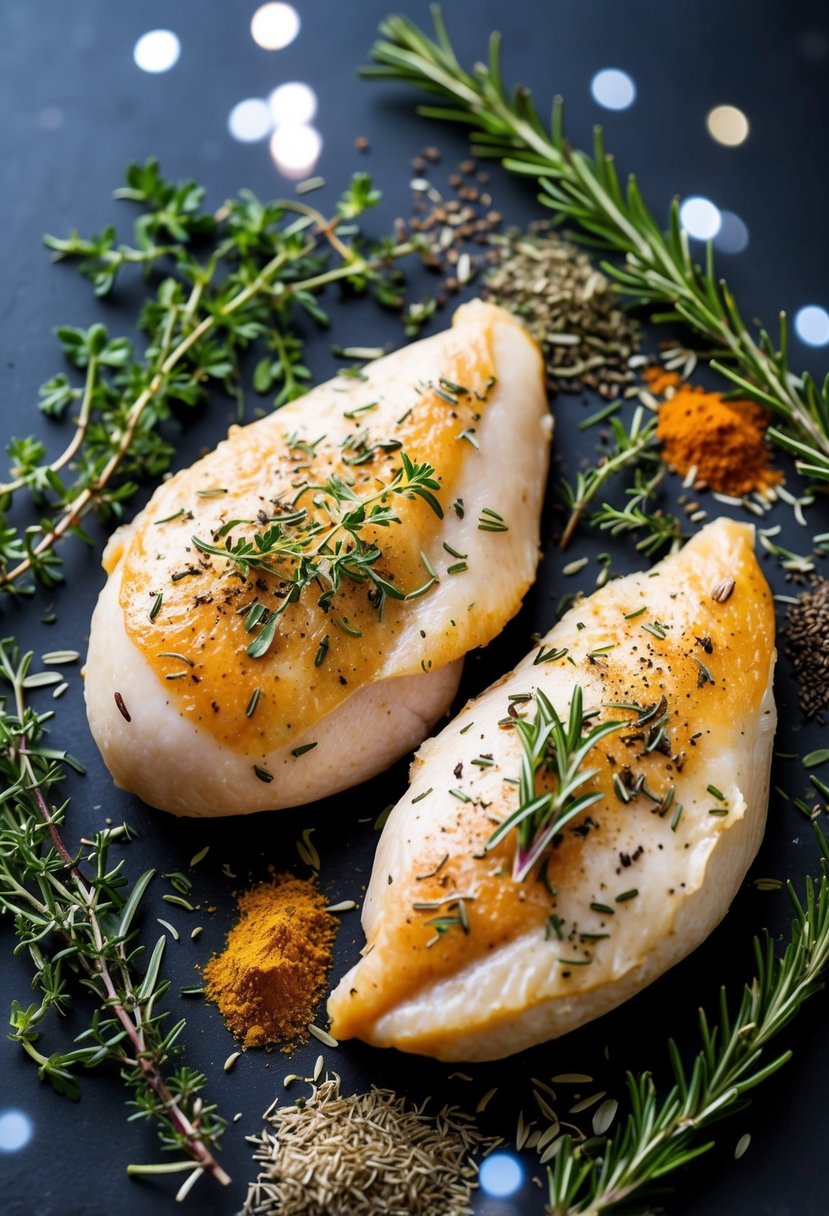 Two chicken breasts surrounded by a variety of herbs and spices, with fresh rosemary and thyme scattered around. A elegant and appetizing display