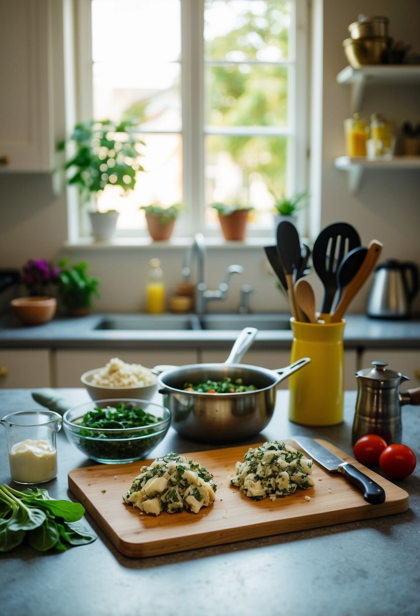 A vintage kitchen counter with ingredients and utensils for making Feta and Spinach Stuffed Chicken