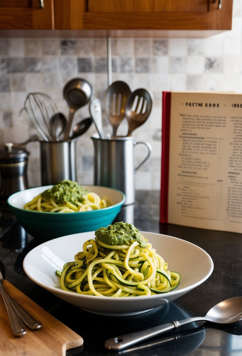 A retro kitchen counter with a bowl of zucchini noodles topped with pesto, surrounded by vintage cooking utensils and a recipe book from the 1950s