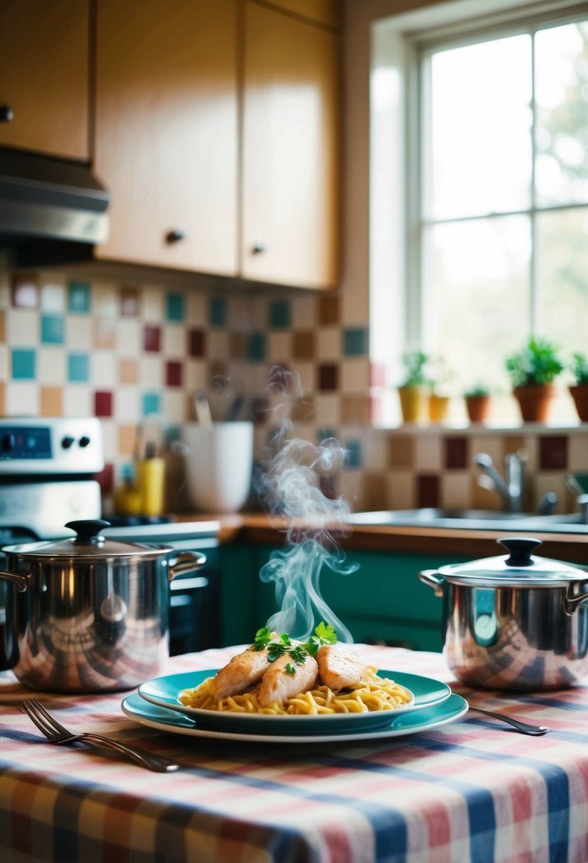 A retro kitchen with a checkered tablecloth, a steaming plate of chicken alfredo, and vintage cookware