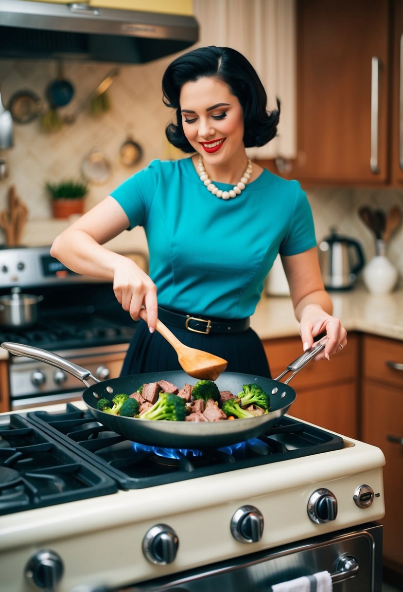 A 1950s kitchen with a woman cooking a beef and broccoli stir fry in a sizzling wok over a gas stove. Retro appliances and decor