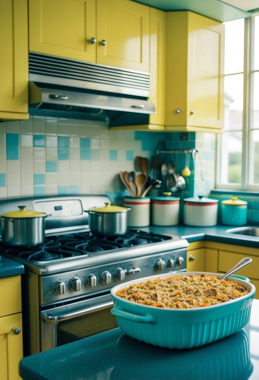 A retro kitchen with a 1950s style oven and stovetop, a casserole dish filled with tuna casserole, vintage canisters and utensils on the counter