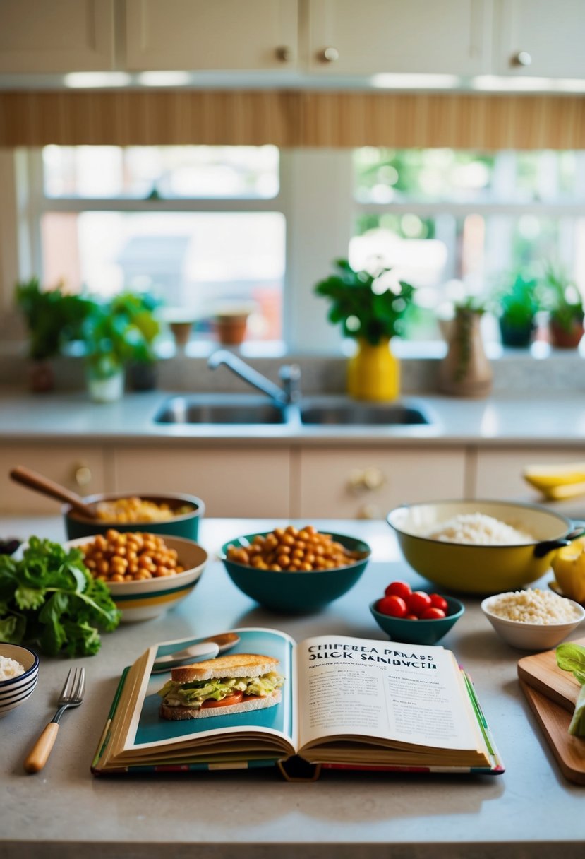 A retro kitchen counter with a vintage cookbook open to a chickpea salad sandwich recipe, surrounded by ingredients and utensils