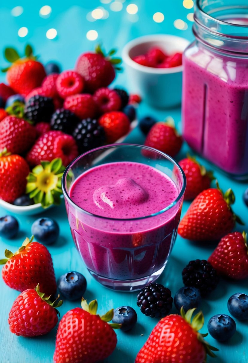 A colorful array of fresh berries, a blender, and a small cup filled with a vibrant Berry Blast Smoothie