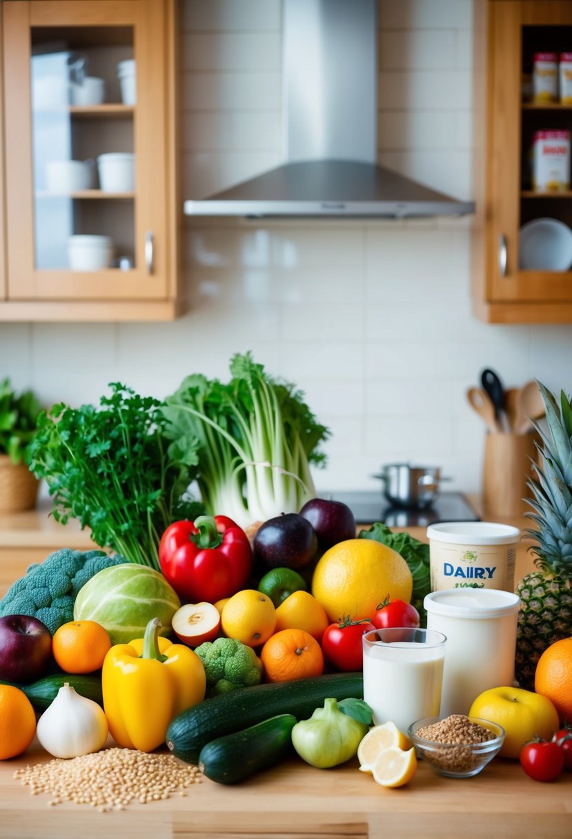 A colorful array of fresh fruits and vegetables, along with grains and dairy products, arranged on a kitchen counter