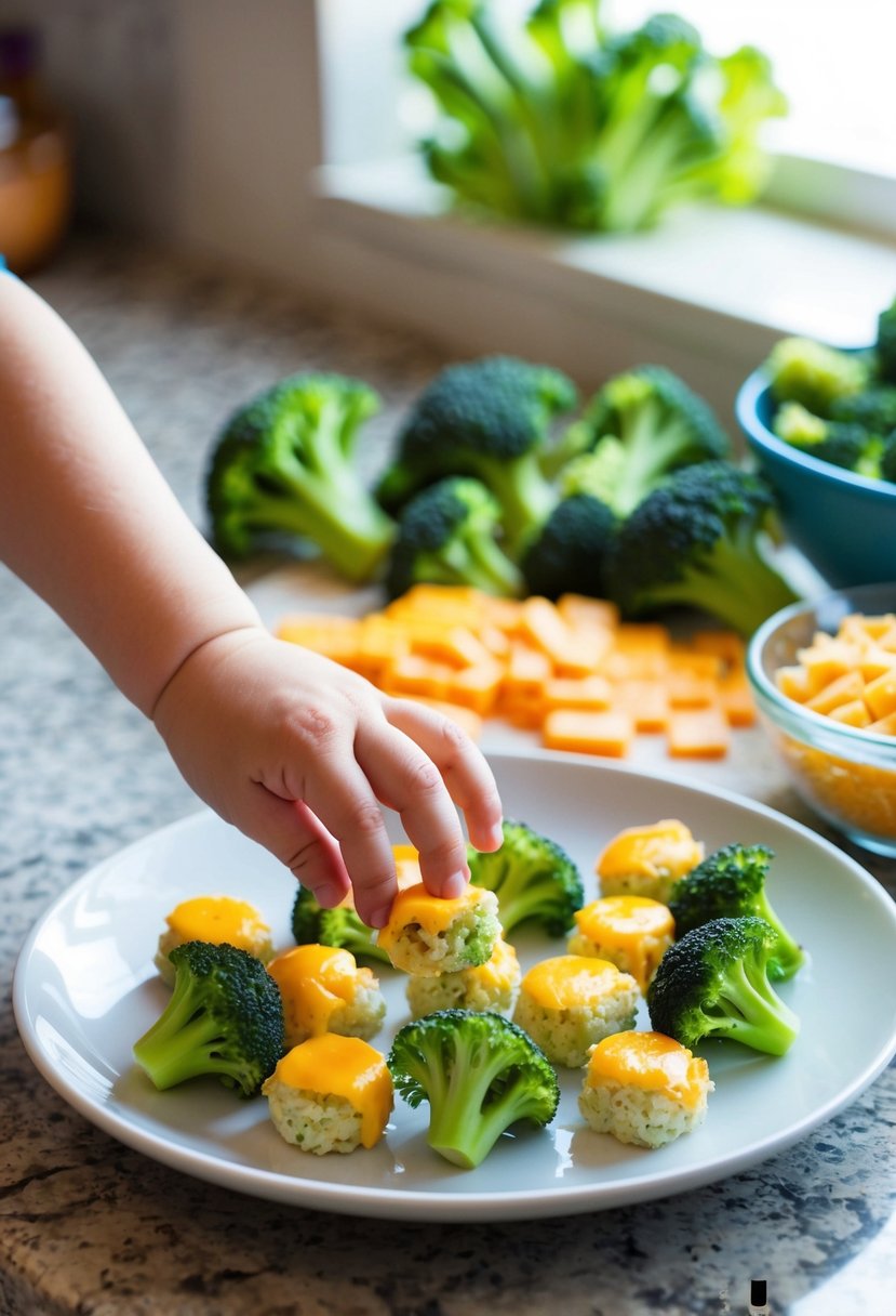 A toddler-sized hand reaches for a plate of Cheesy Broccoli Bites while a colorful array of fresh broccoli, cheese, and other ingredients sit on the kitchen counter