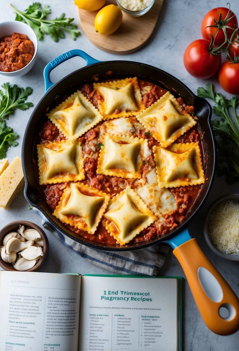 A skillet filled with layers of ravioli, cheese, and marinara sauce bubbling on the stove, surrounded by fresh ingredients and a cookbook open to a page on 2nd trimester pregnancy recipes