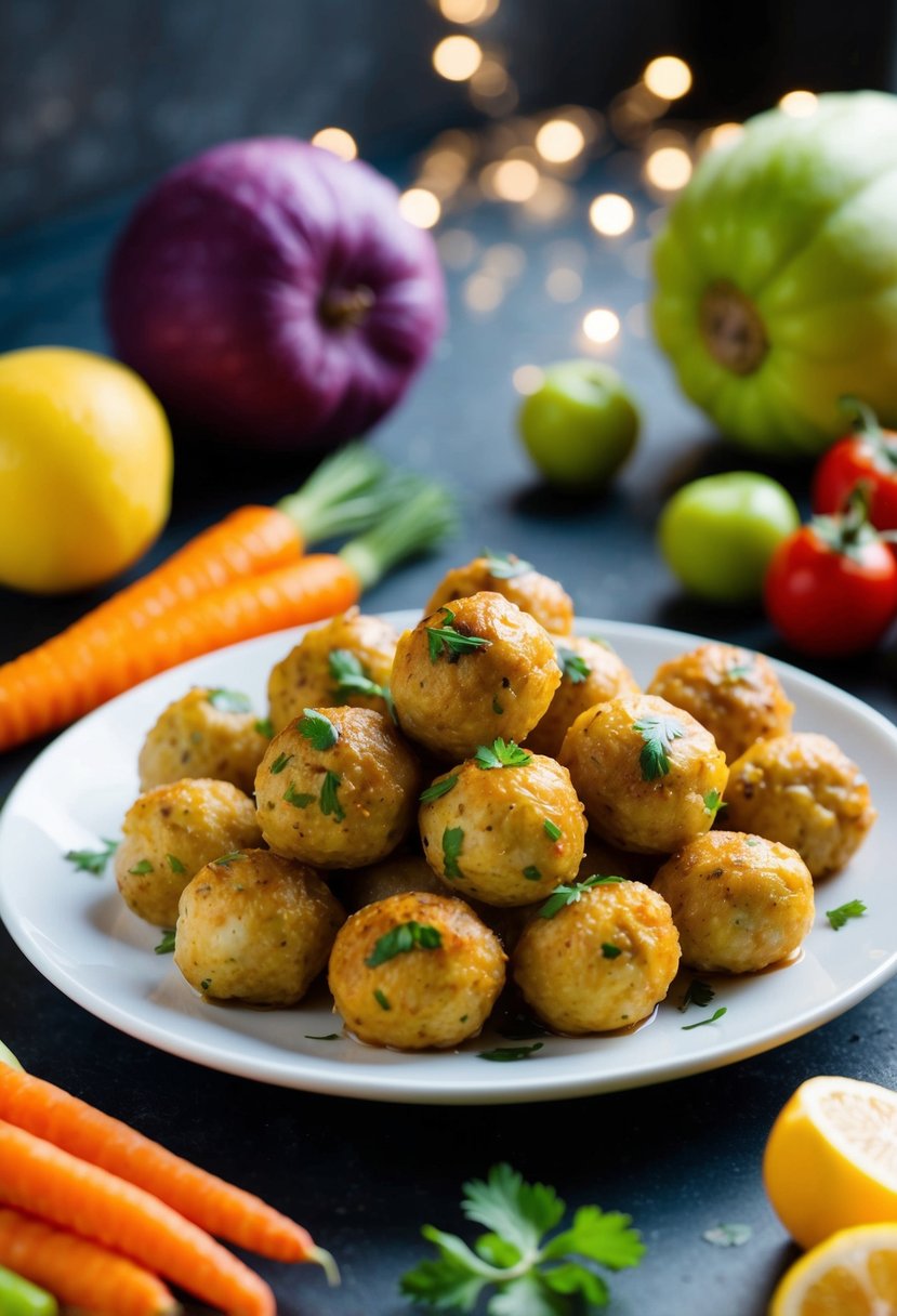 A plate of mini chicken meatballs surrounded by colorful, bite-sized vegetables and fruits