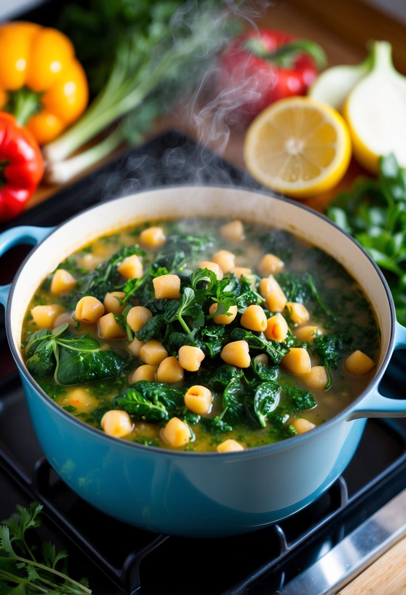 A bubbling pot of chickpea and spinach stew, surrounded by colorful vegetables and herbs, steaming on a cozy kitchen stove