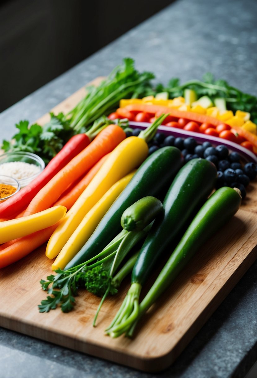 Colorful vegetables arranged on a cutting board, with a variety of ingredients laid out for making rainbow veggie wraps