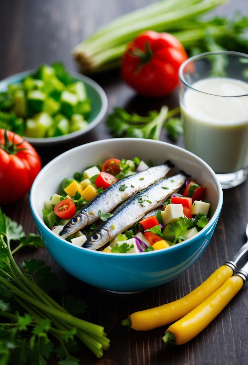 A colorful bowl filled with sardine salad, surrounded by fresh vegetables and a glass of milk