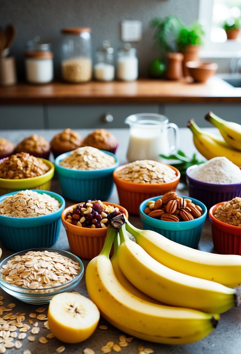 A colorful array of fresh oats, ripe bananas, and other wholesome ingredients arranged on a kitchen counter for making oatmeal muffins