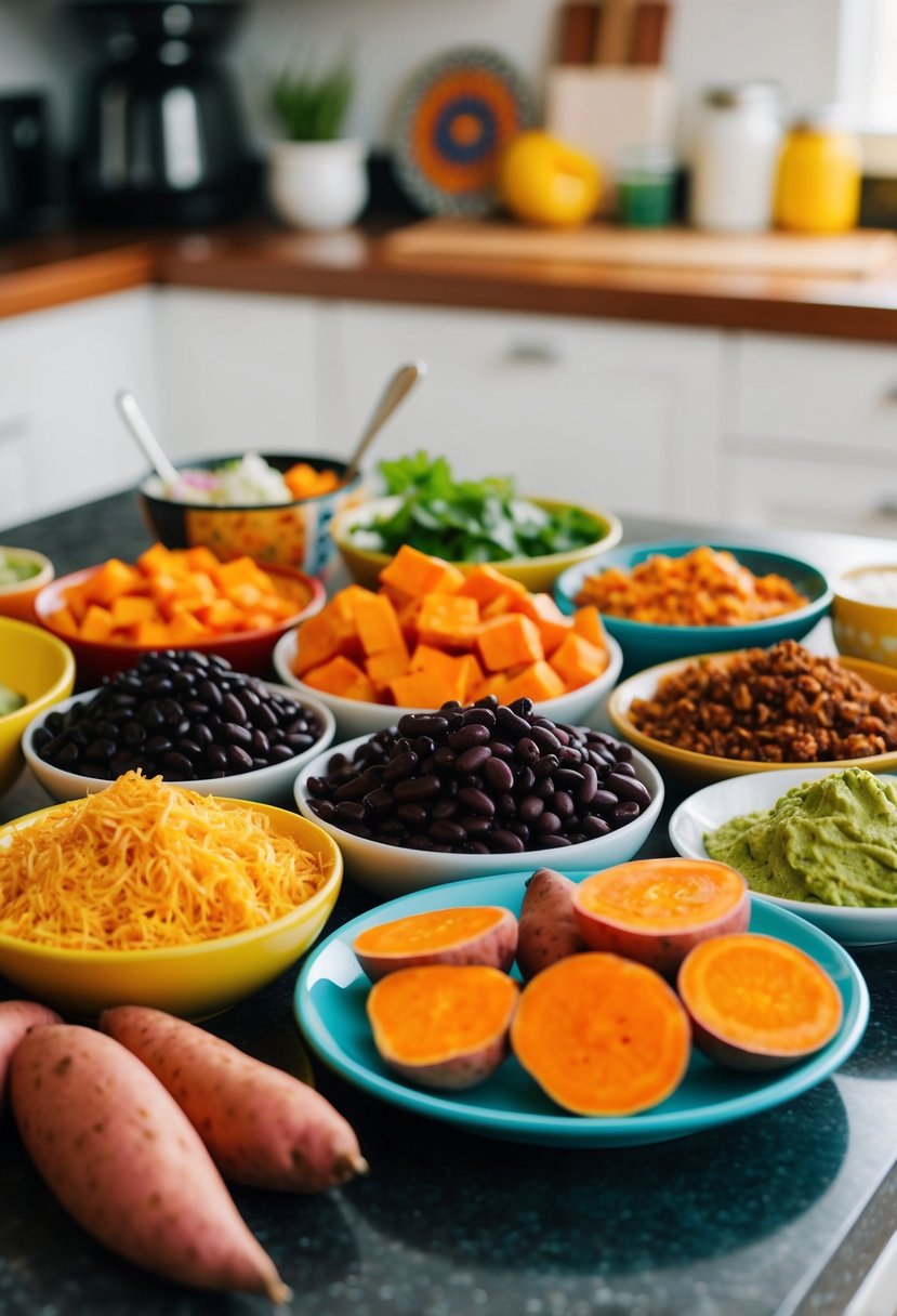 A colorful array of sweet potatoes, black beans, and taco ingredients arranged on a kitchen counter