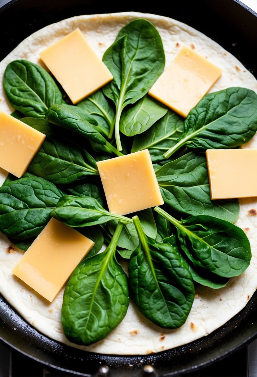 A colorful array of fresh spinach leaves and cheese slices arranged on a tortilla, ready to be folded and cooked on a sizzling skillet