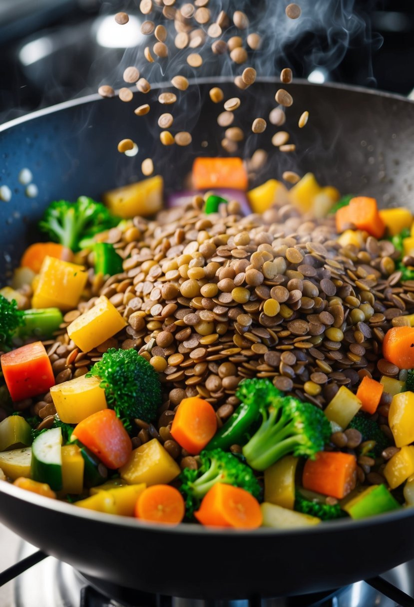 A colorful assortment of lentils and vegetables sizzling in a wok, emitting savory aromas as they are being stir-fried