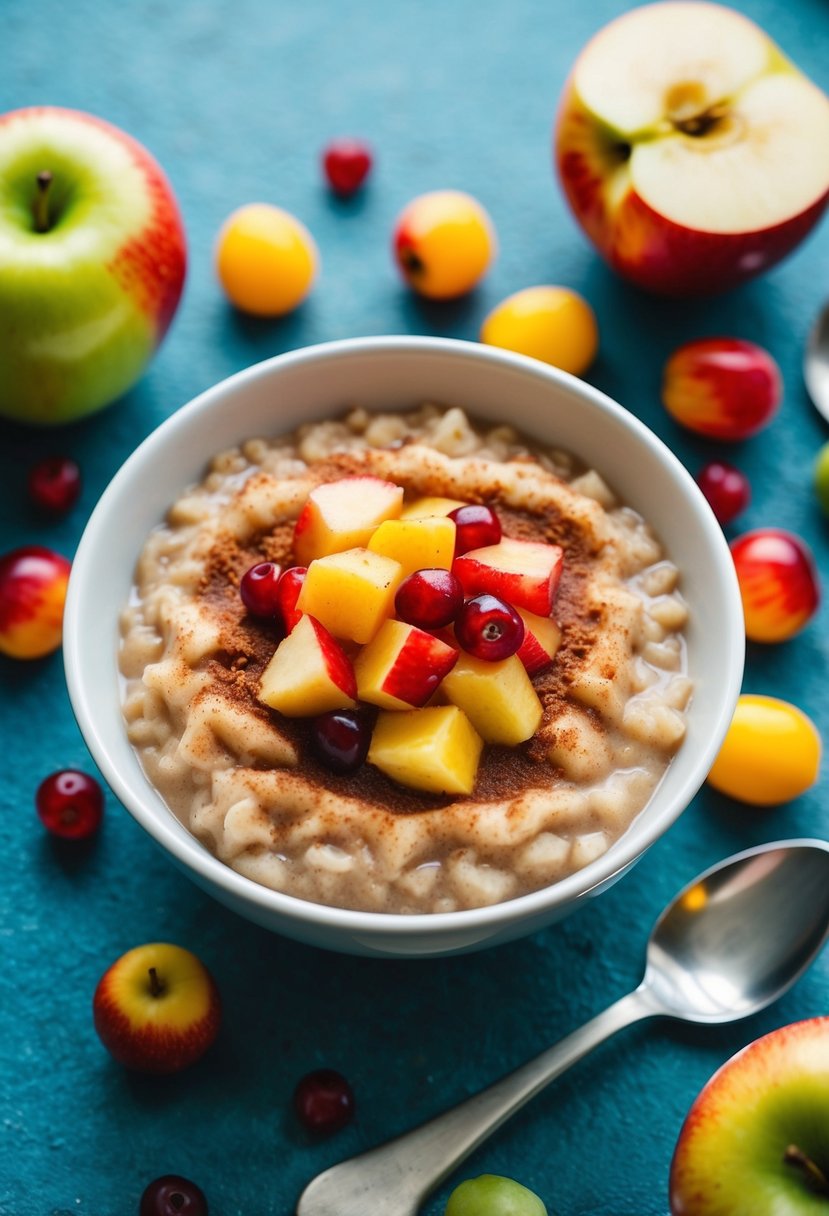 A bowl of apple cinnamon porridge surrounded by colorful fruits and a child-friendly spoon