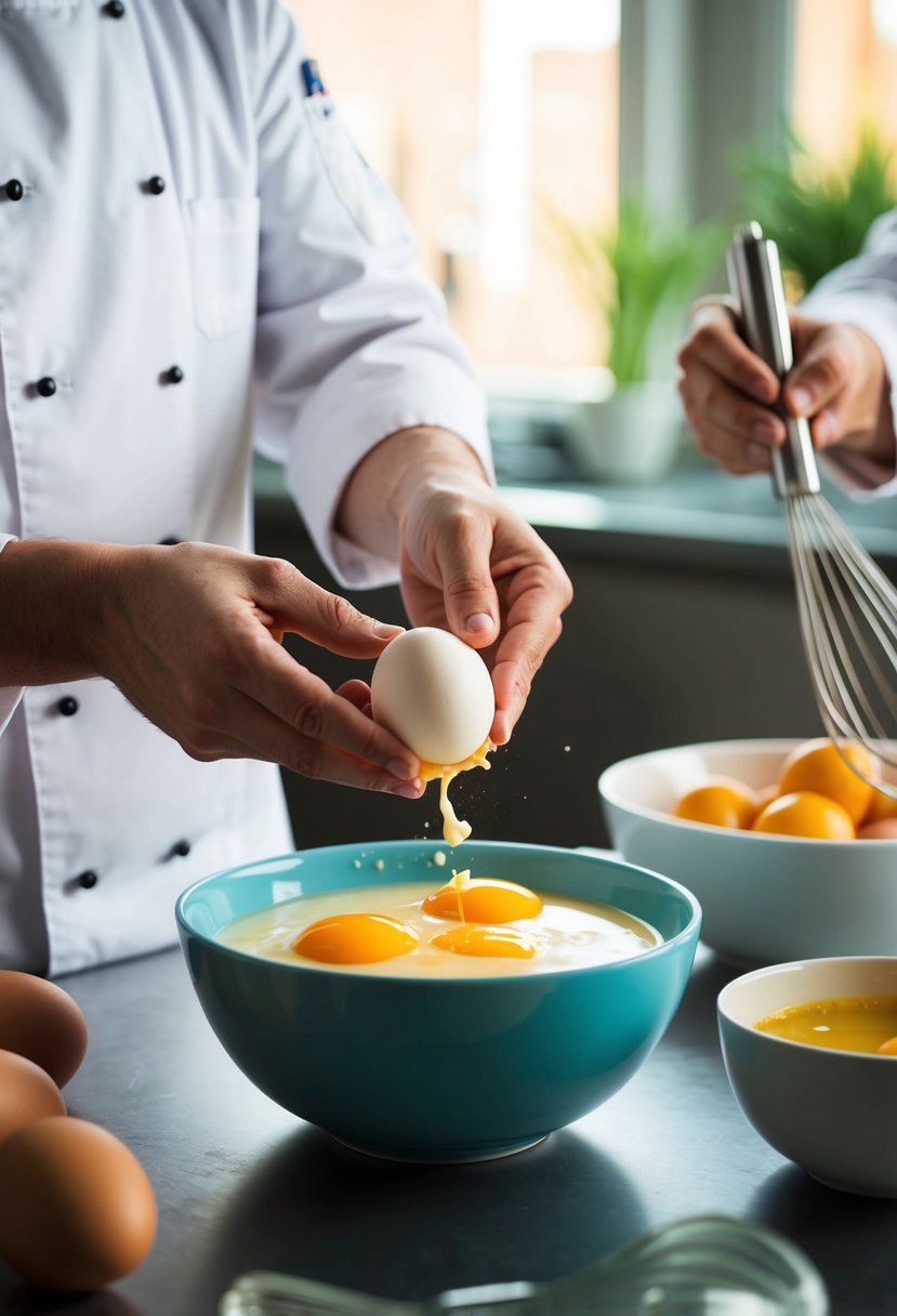 A chef cracking eggs into a bowl, while another chef whisks eggs in a separate bowl