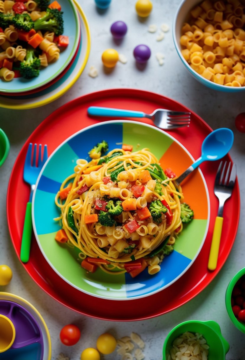 A colorful plate of veggie-packed pasta surrounded by child-friendly utensils and a playful, inviting atmosphere