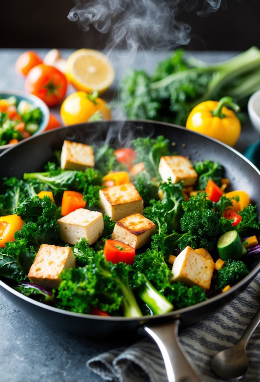 A colorful array of fresh kale, tofu, and vibrant vegetables sizzling in a skillet, emitting a mouthwatering aroma