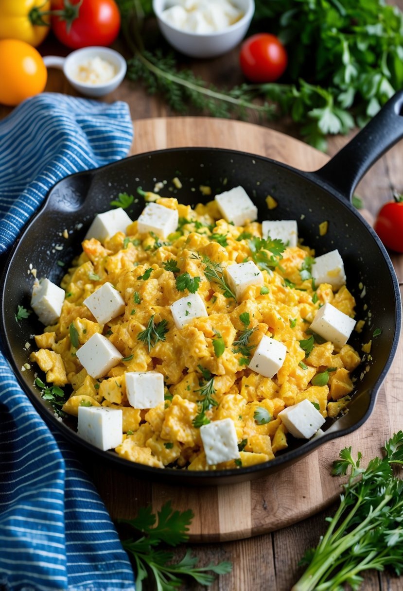 A skillet sizzles with Greek scrambled eggs mixed with chunks of creamy feta cheese, surrounded by fresh herbs and colorful vegetables