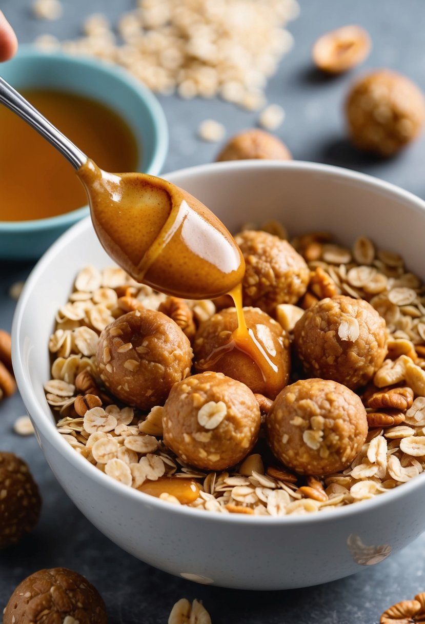 A bowl of oats, peanut butter, honey, and nuts mixed together. A spoonful of the mixture being rolled into small balls