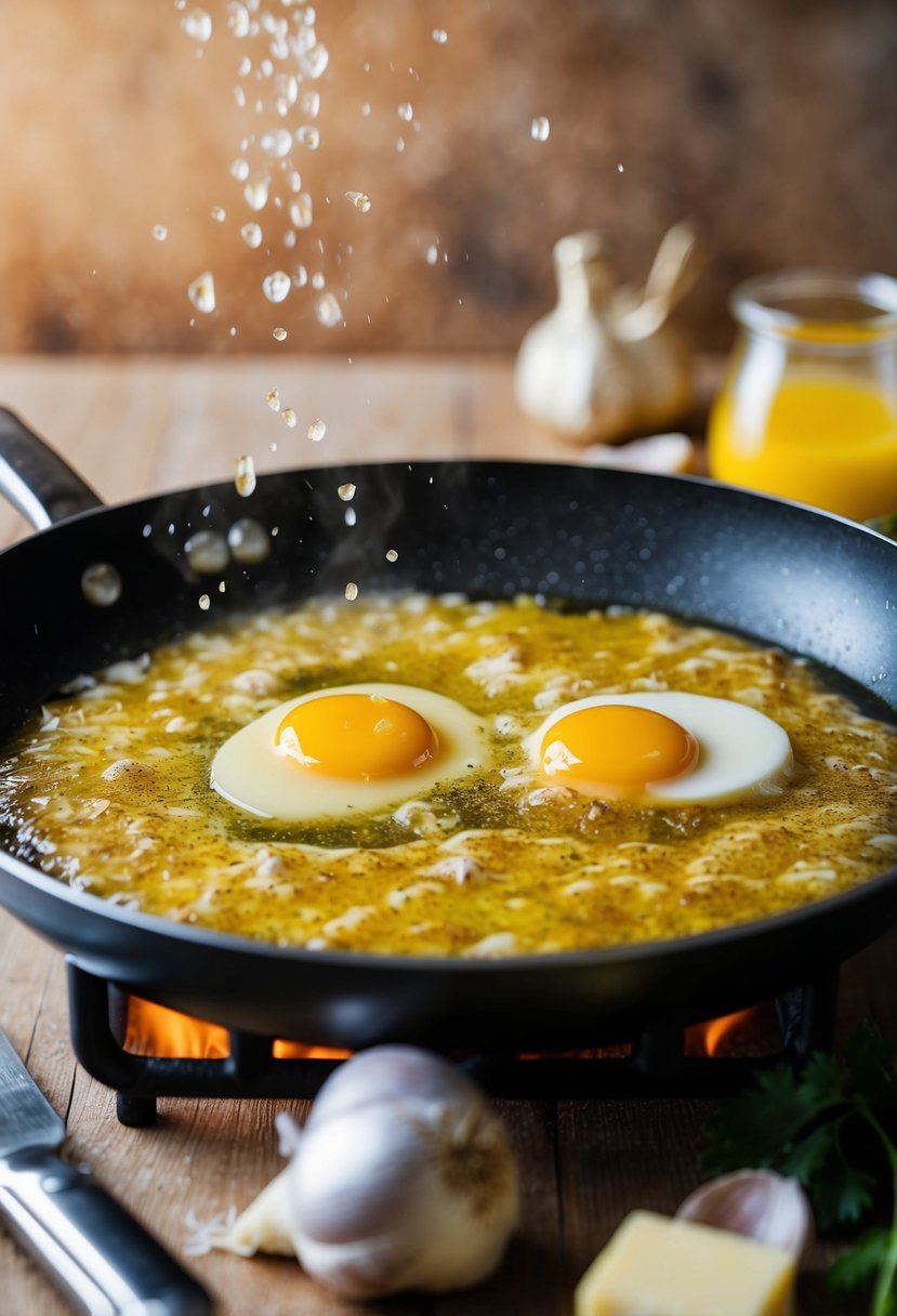 A sizzling pan with butter, garlic, and cracked eggs cooking