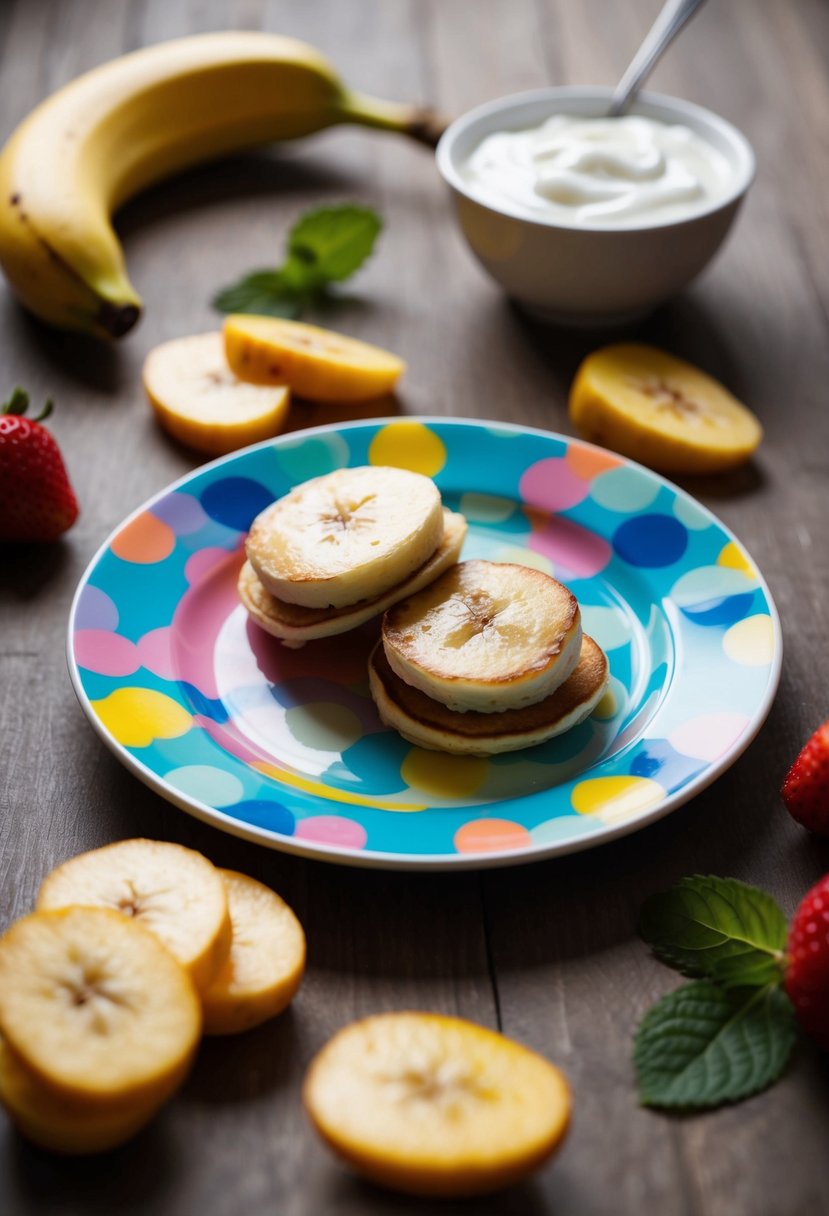 A colorful plate with two small banana pancakes surrounded by slices of fresh fruit and a small cup of yogurt