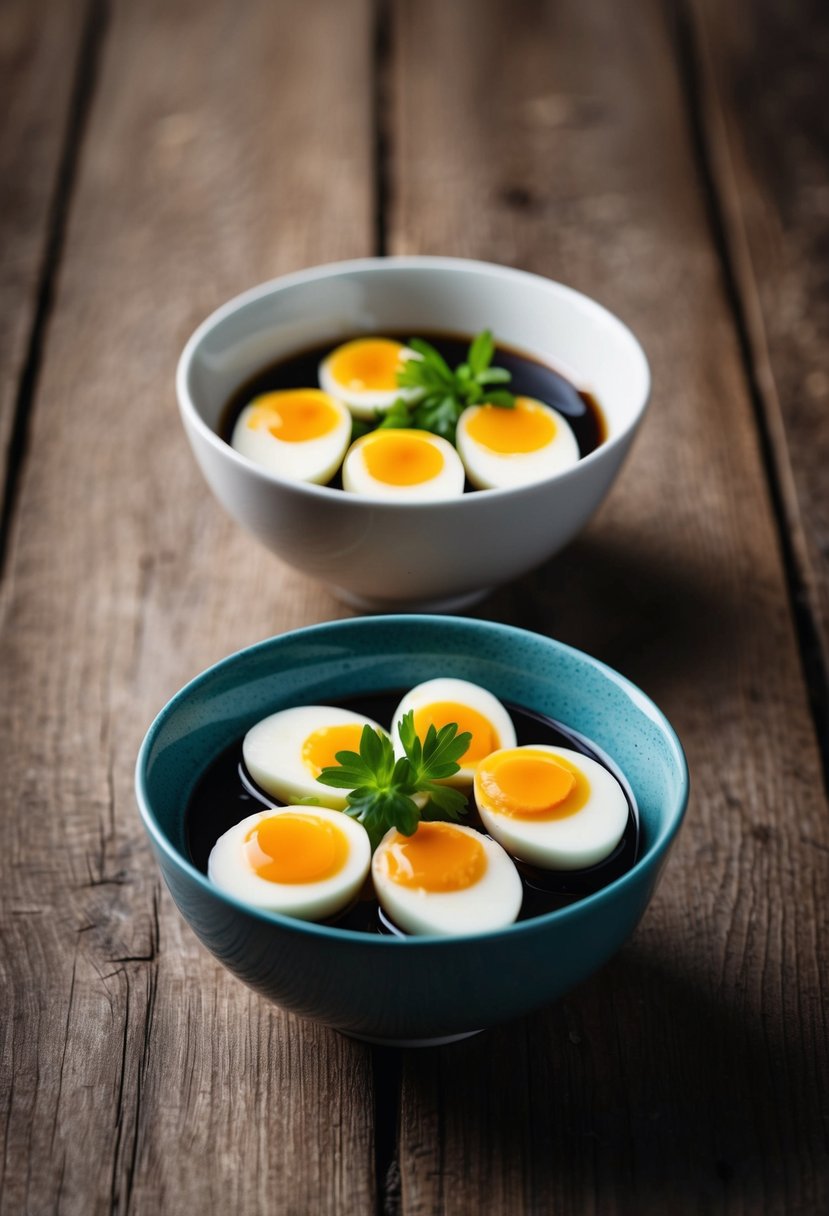 Two bowls of marinated eggs sit on a wooden table, one with soy sauce and the other with vinegar. A sprig of fresh herbs garnishes each bowl