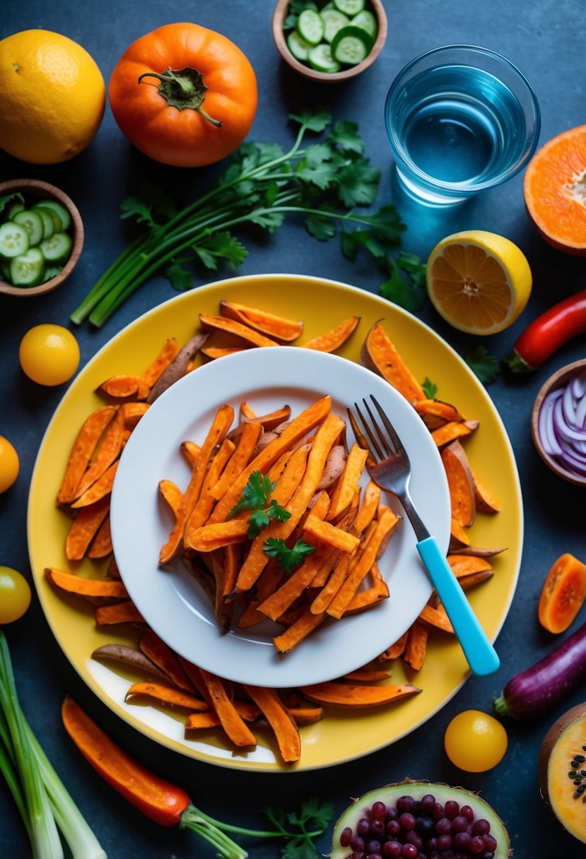 A plate of sweet potato fries surrounded by colorful vegetables and fruits, with a child-sized fork and a small cup of water on the side