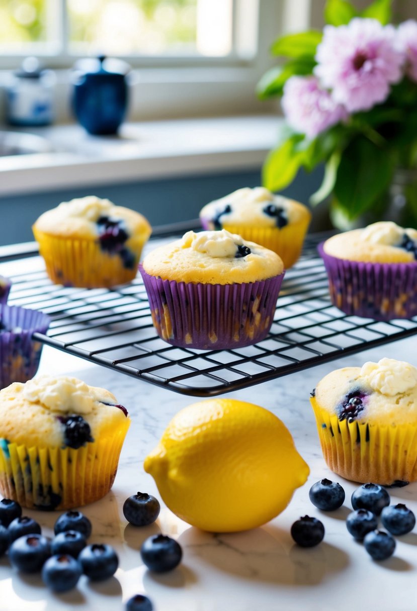 A sunny kitchen counter with a cooling rack of blueberry lemon cottage cheese muffins, surrounded by fresh blueberries and a lemon