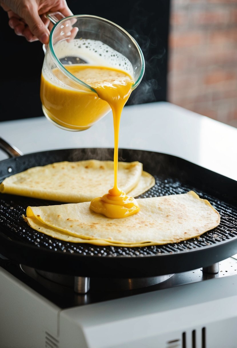 Two Taiwanese egg crepes being cooked on a sizzling hot griddle. The batter is poured and spread out evenly, then flipped to cook on the other side