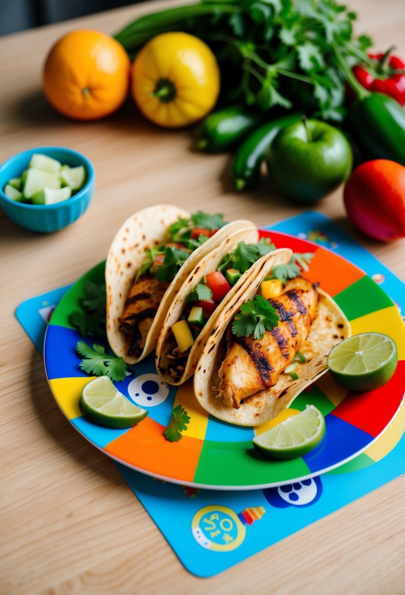 A colorful plate with grilled chicken tacos, surrounded by fresh vegetables and fruits, on a child-friendly placemat