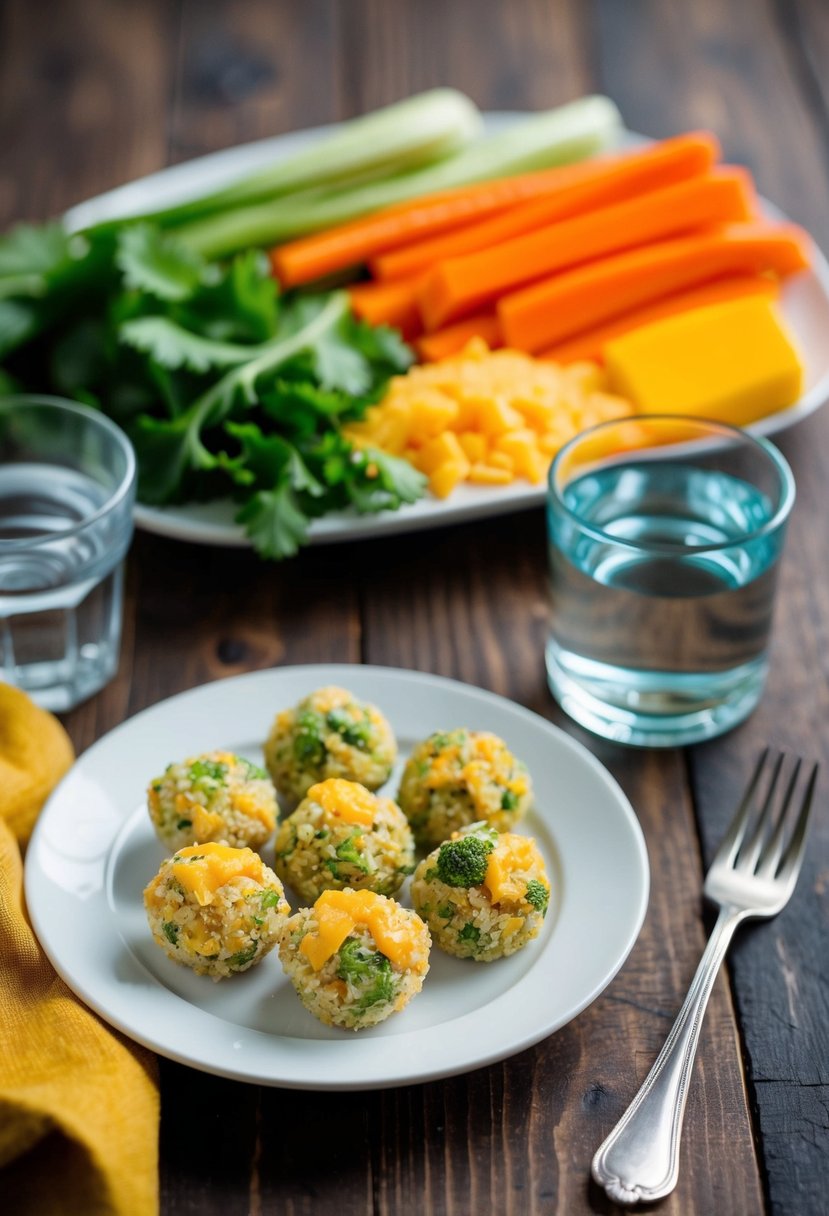 A plate of broccoli cheddar quinoa bites with a side of fresh vegetables and a glass of water on a wooden table