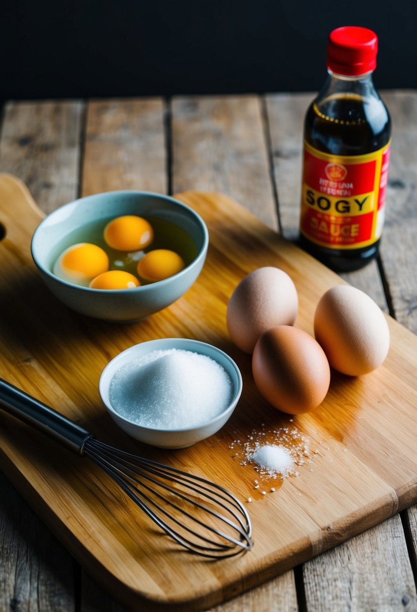 A wooden cutting board with two cracked eggs and a whisk, surrounded by a bowl of sugar and a bottle of soy sauce