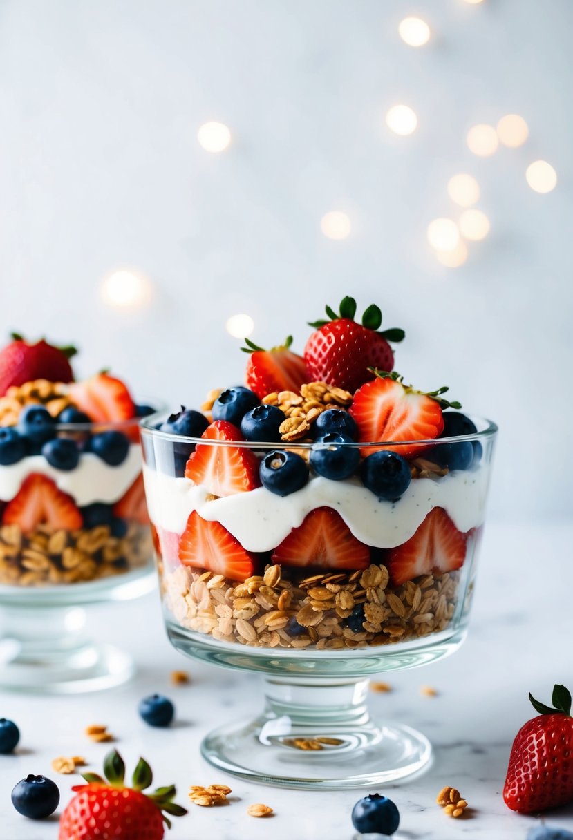 A colorful, layered parfait with strawberries, blueberries, and granola in a clear glass dish on a white background