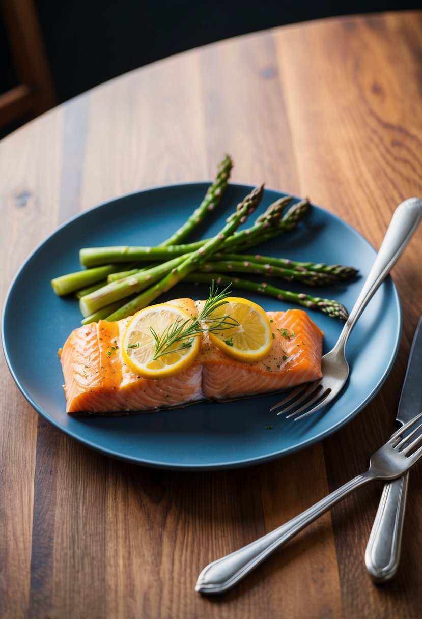 A plate of baked salmon and asparagus on a wooden table, with a fork and knife beside it